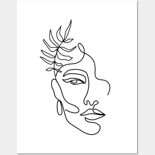 Minimal woman line art. One line woman face with tropical leaf. Posters and Art